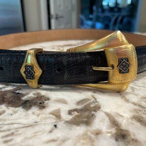 Vtg Judith Jack Black Embossed Leather Belt w/ Goldtone & Marcasite Buckle sz M